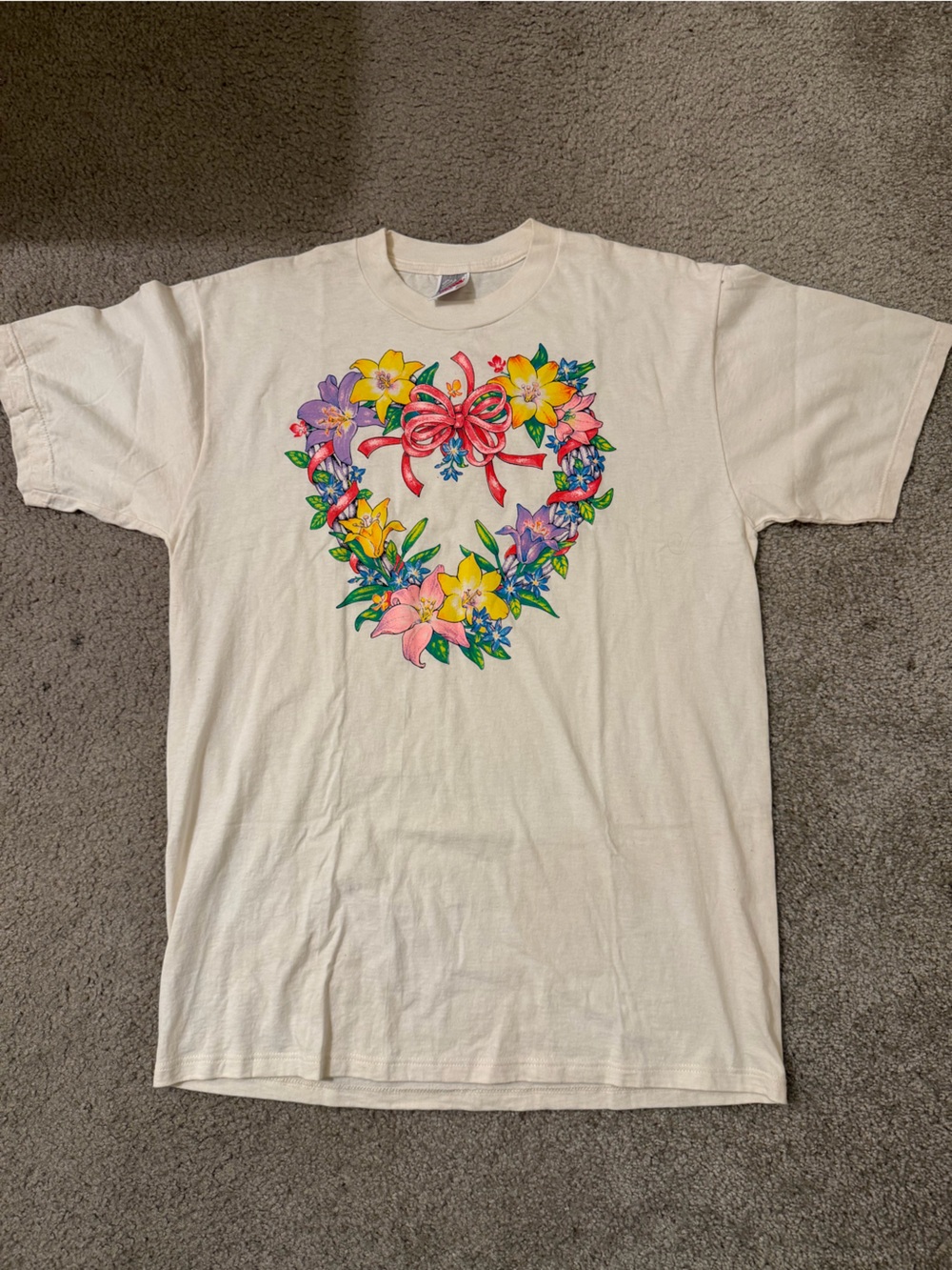 Vintage Jerzees Cream Tee with Yellow Floral & Pink Bow Graphic